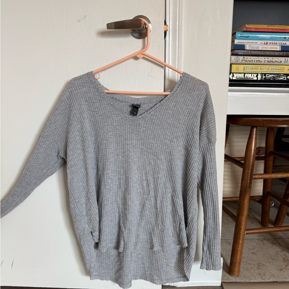 Gray Ribbed V-Neck Sweater